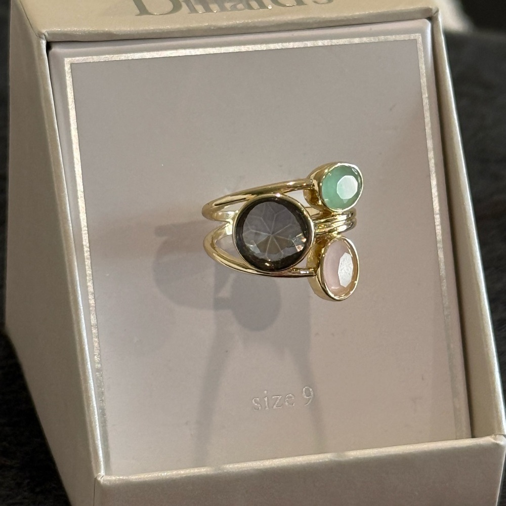 Chic Gold Ring with Gray , Green, and pastel Pink Accents size 9
